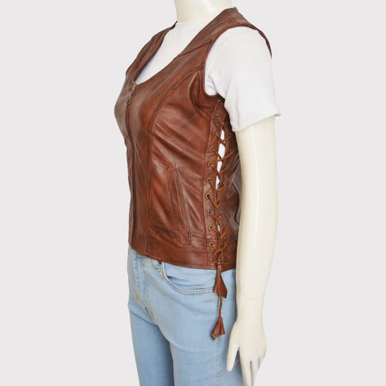 Gilet en cuir marron authentique pour femme