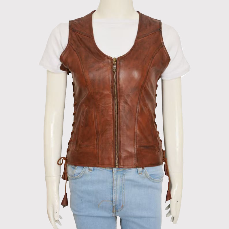 Gilet en cuir marron authentique pour femme