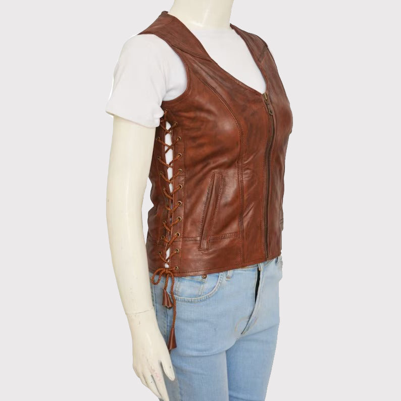 Gilet en cuir marron authentique pour femme