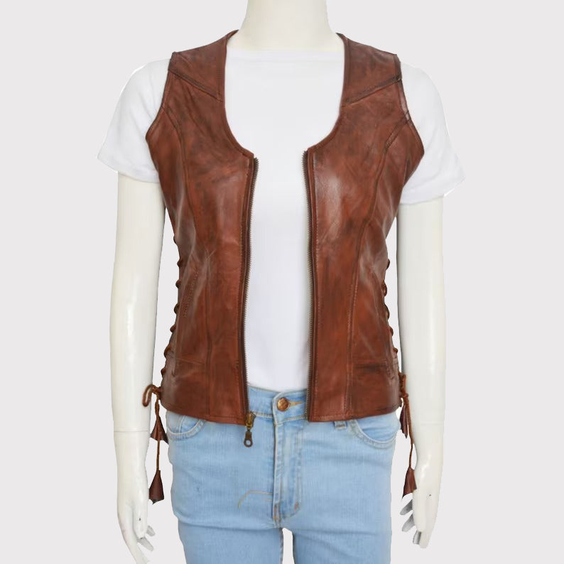 Gilet en cuir marron authentique pour femme