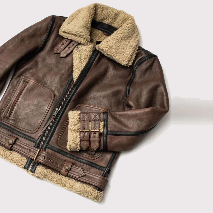 Veste en cuir de mouton retourné marron aviateur pour homme