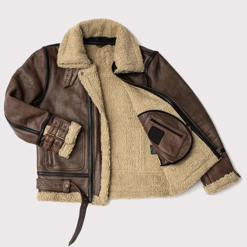 Veste en cuir de mouton retourné marron aviateur pour homme