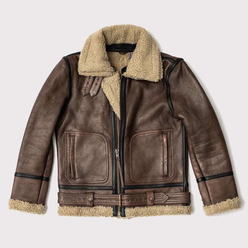 Veste en cuir de mouton retourné marron aviateur pour homme