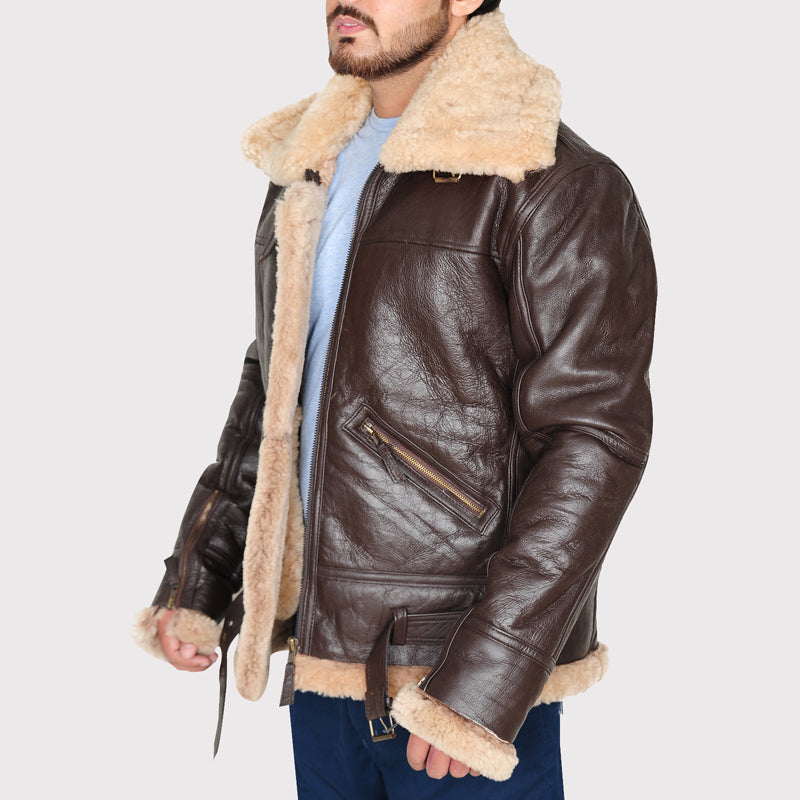 Blouson aviateur en cuir de mouton retourné marron classique B3 pour homme