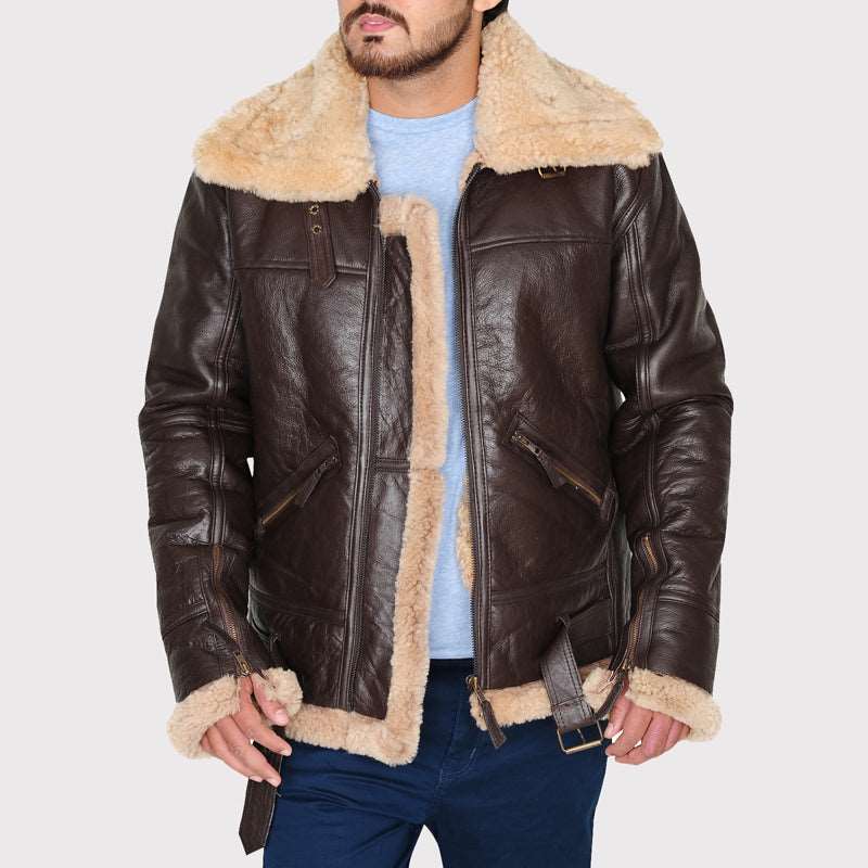 Blouson aviateur en cuir de mouton retourné marron classique B3 pour homme