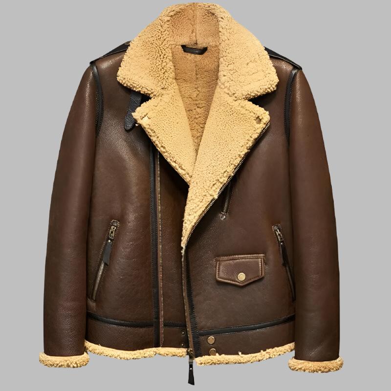 Blouson de vol en cuir et peau de mouton B3 - Manteau de pilote en fourrure pour homme