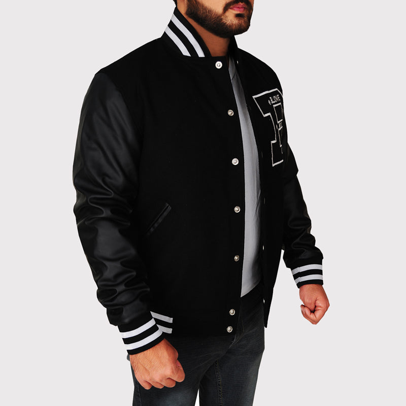 Veste universitaire noire BBC Letterman avec manches en cuir