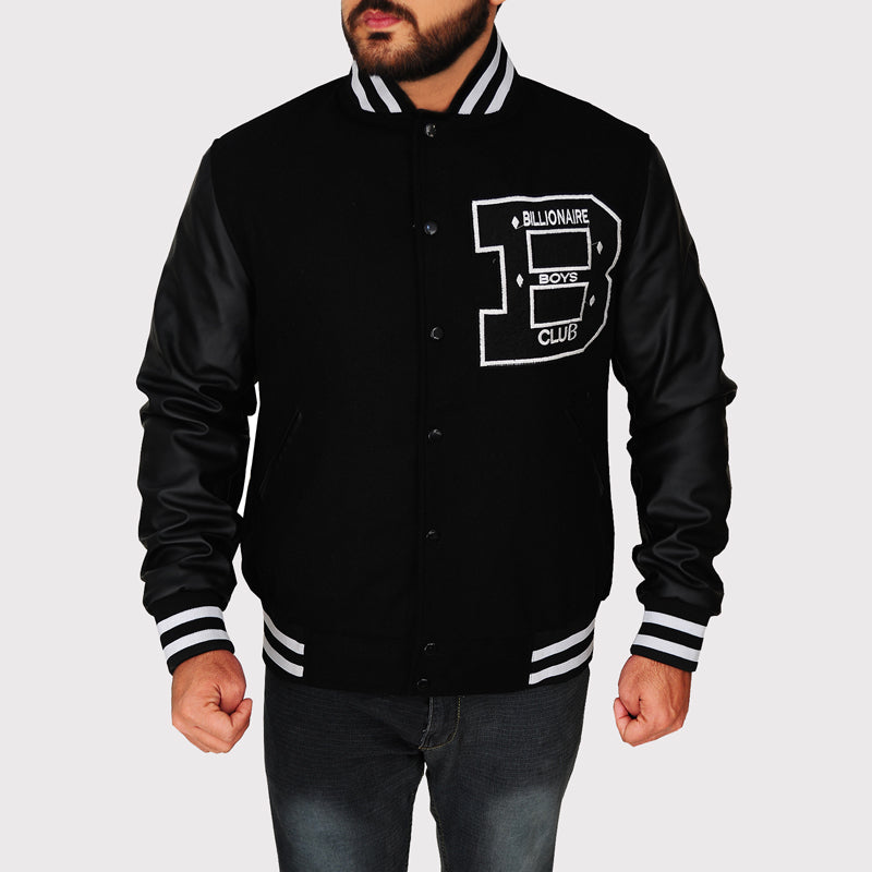 Veste universitaire noire BBC Letterman avec manches en cuir