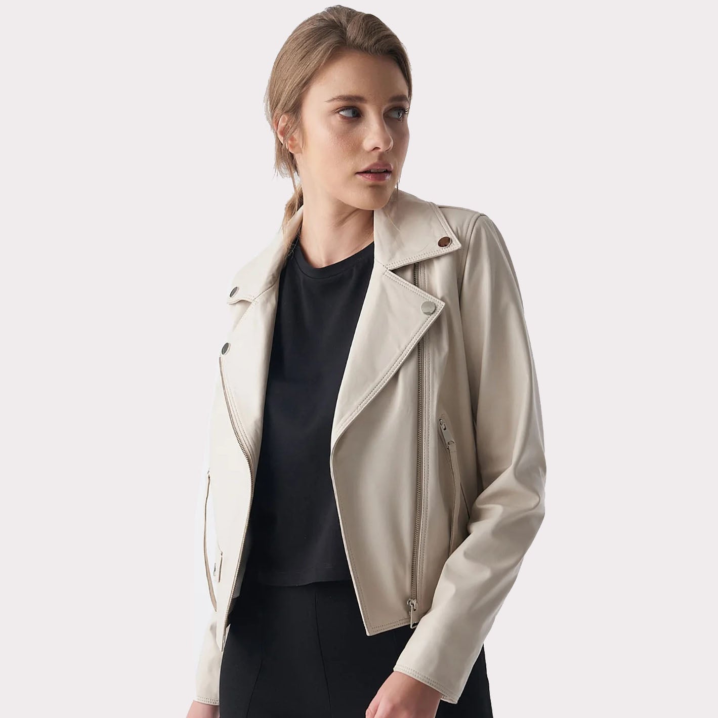 Veste motard classique en cuir nappa beige pour femme