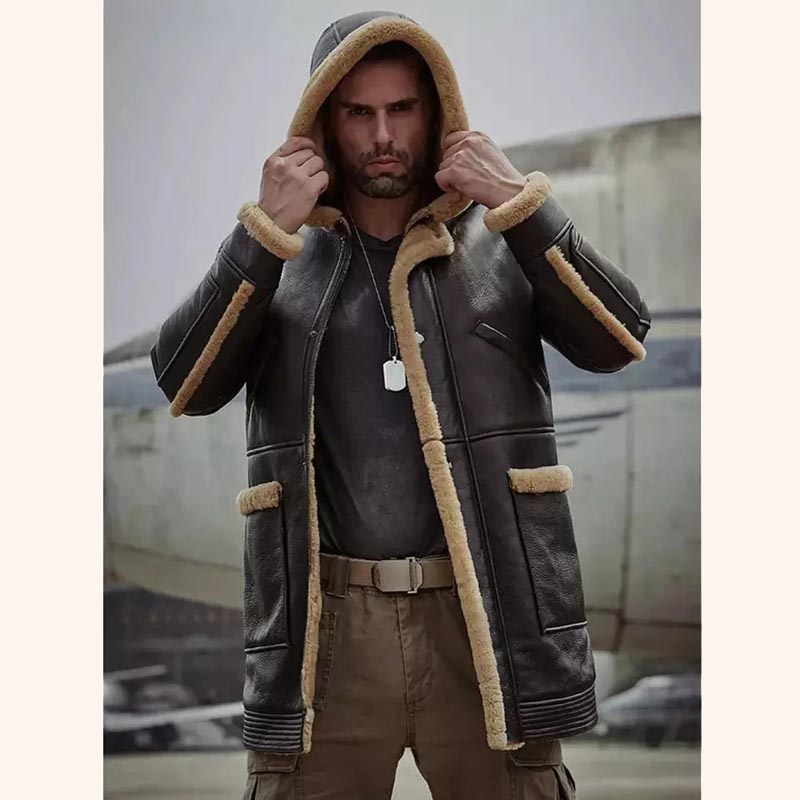 Manteau en cuir de mouton pour homme B7 Bomber avec capuche en marron foncé