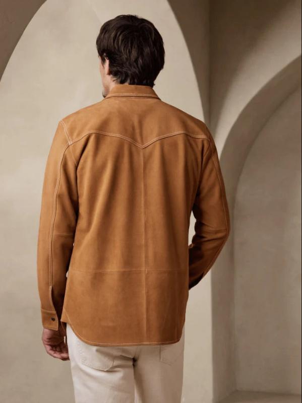 Chemise en cuir suédé marron à manches longues pour homme