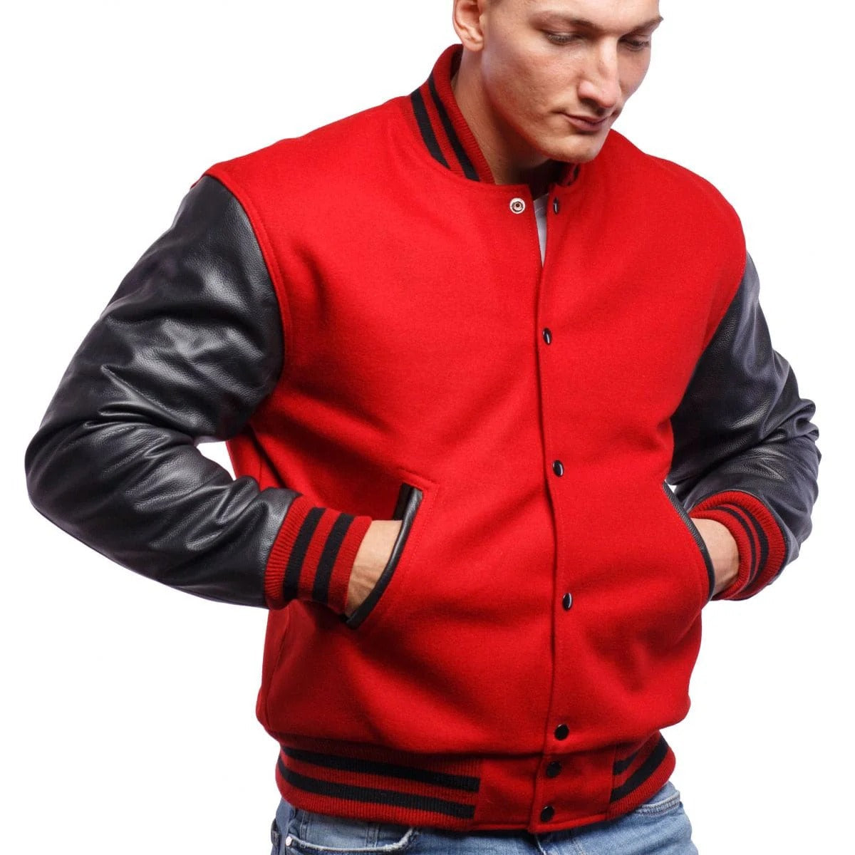 Veste en cuir rouge universitaire pour homme avec manches noires