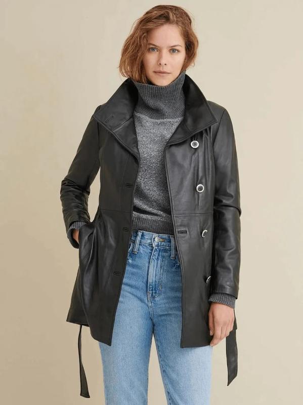 Manteau en cuir noir uni pour femme