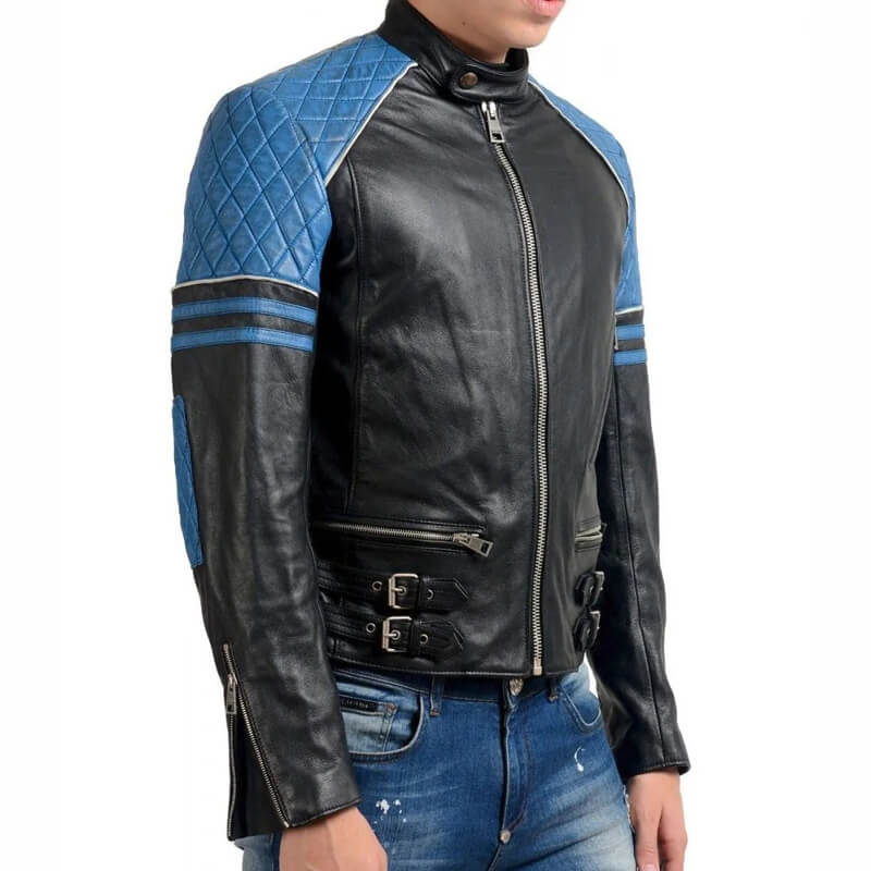 Veste de motard matelassée en cuir noir et bleu pour homme