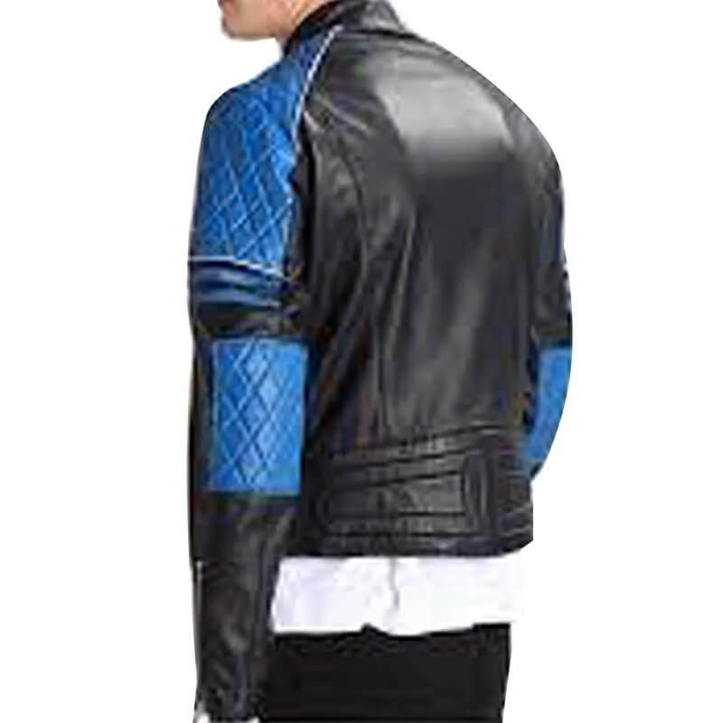 Veste de motard matelassée en cuir noir et bleu pour homme