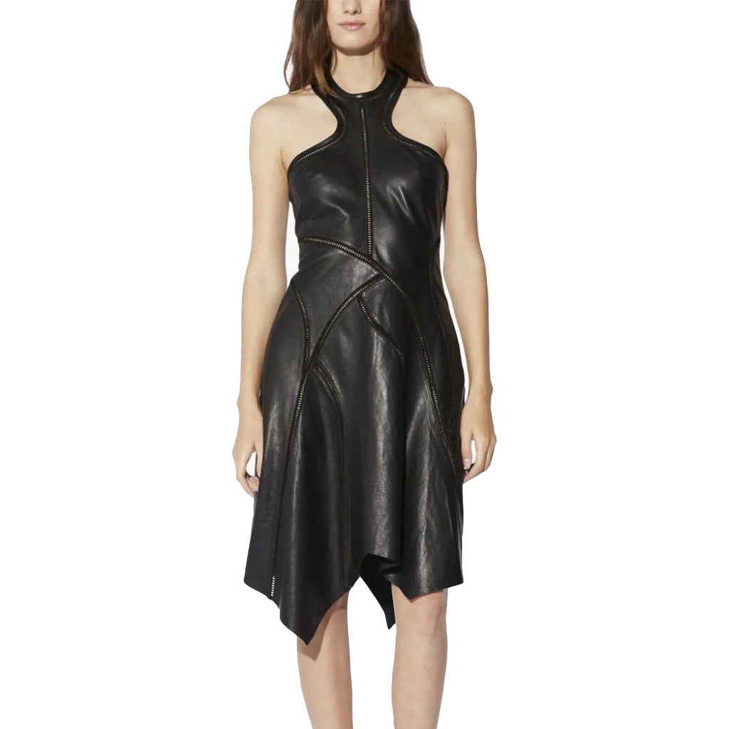 Robe asymétrique en cuir noir pour femme