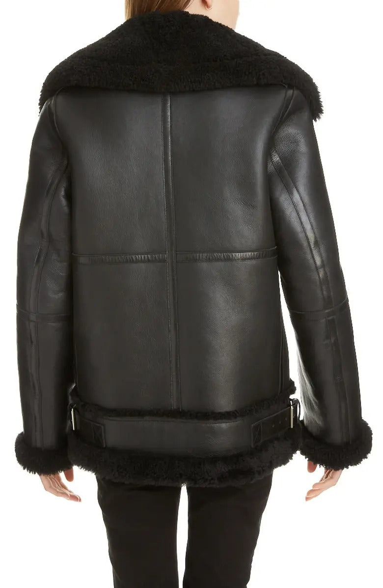 Black Aviator B-3 Sherpa Leather Jacket for Women