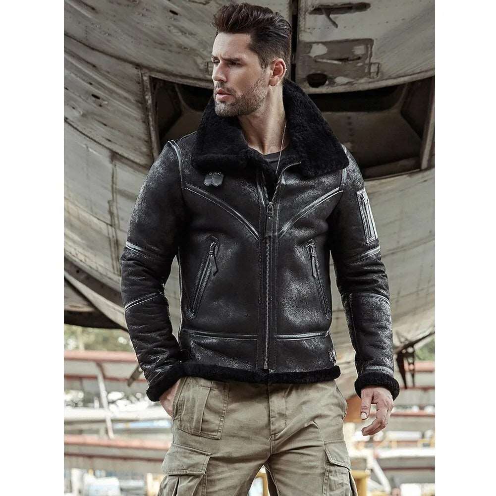 Veste de vol en peau de mouton noire B3 Manteau d'hiver aviateur