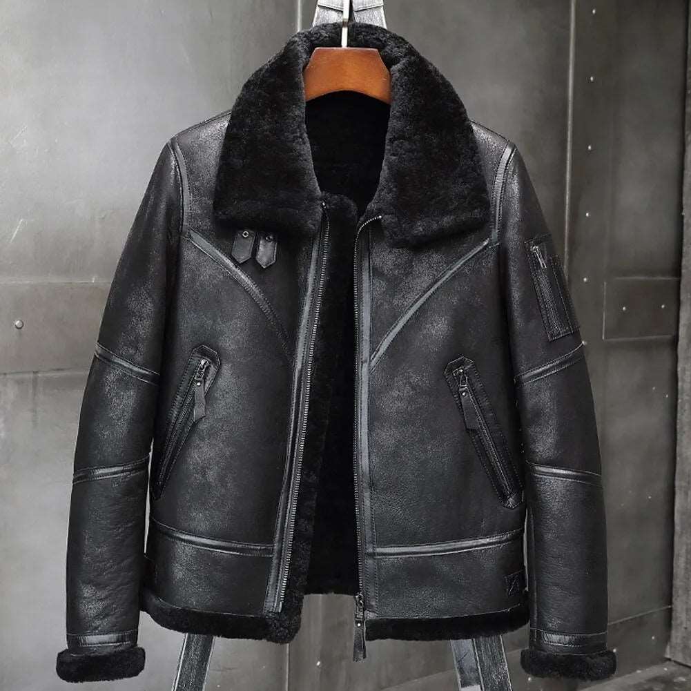 Veste de vol en peau de mouton noire B3 Manteau d'hiver aviateur