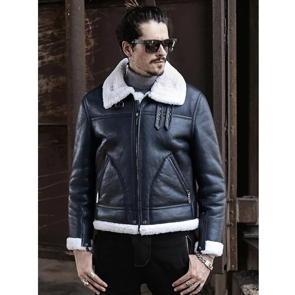 Nouvelle veste en peau de mouton noire B3 - Manteau en peau de mouton pour homme