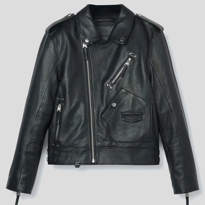 Veste de moto en cuir noir pour homme - Veste de moto en cuir