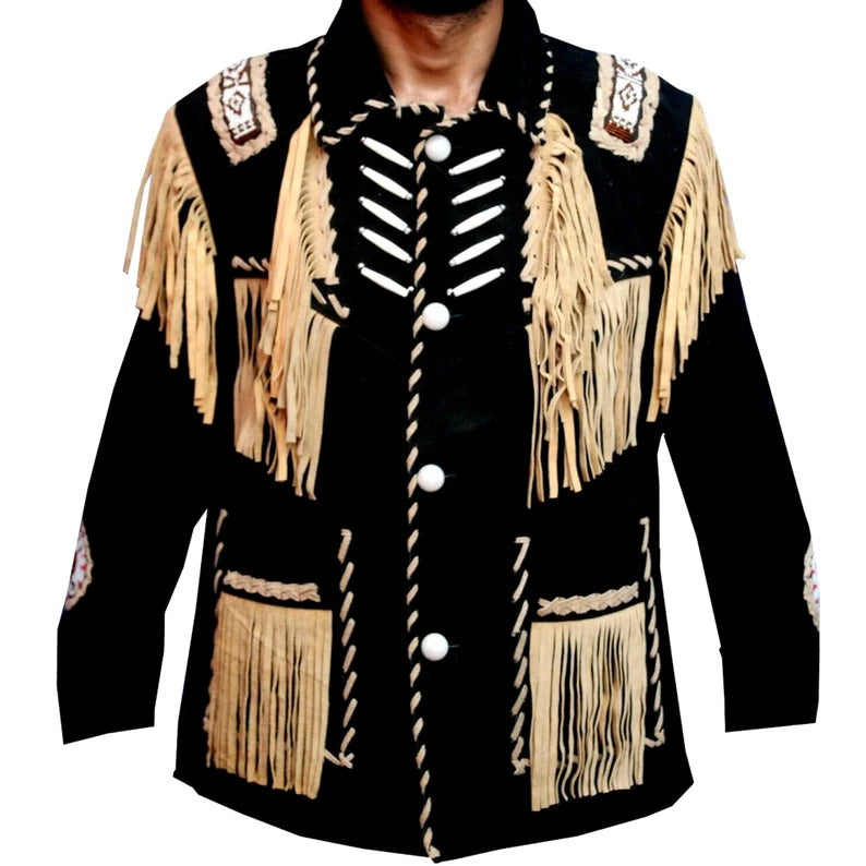 Veste en cuir western noire avec franges et perles