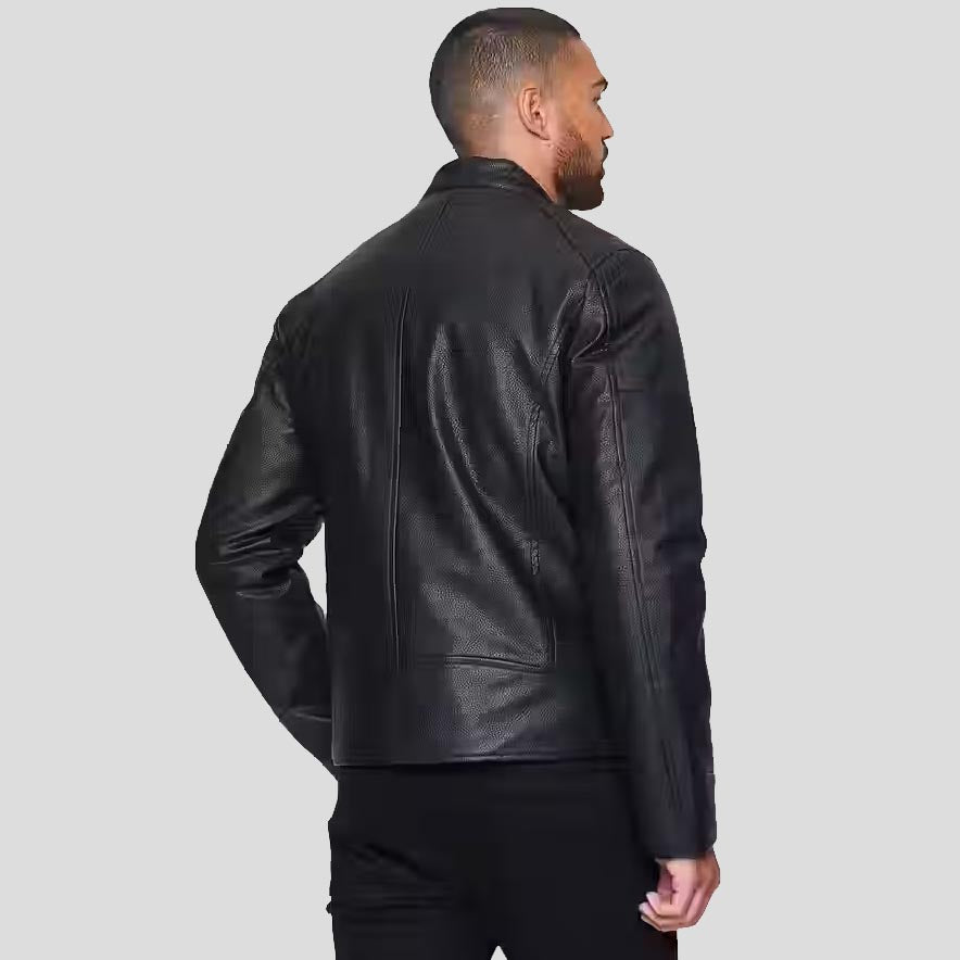 Veste de motard en cuir véritable noir