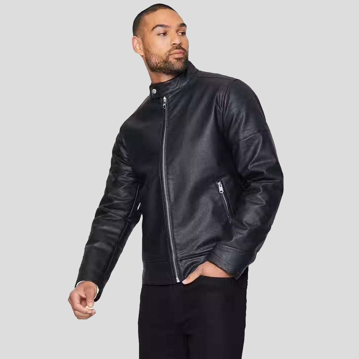 Veste de motard en cuir véritable noir