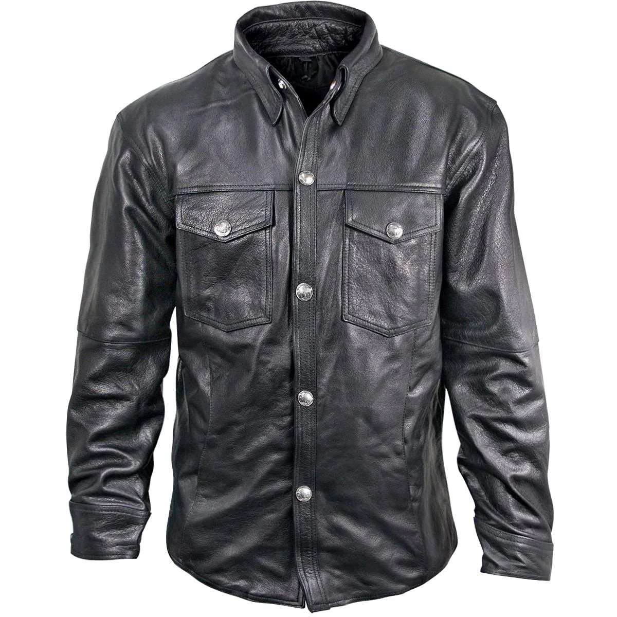 Black Genuine Leather Shirt for Men with Vintage Buffalo Buttons