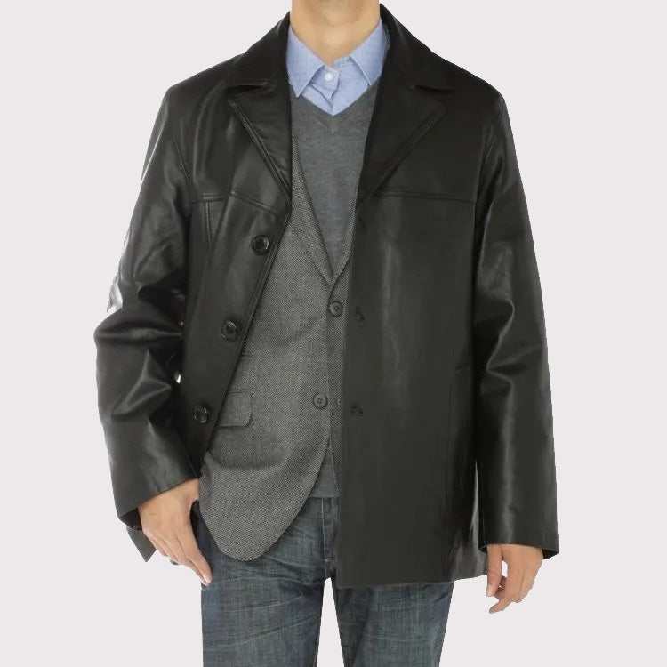 Veste blazer en cuir d'agneau noir pour homme