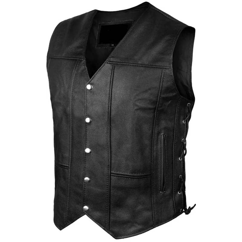 Gilet de motard en cuir noir pour homme avec 10 poches