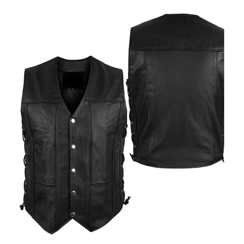 Gilet de motard en cuir noir pour homme avec 10 poches