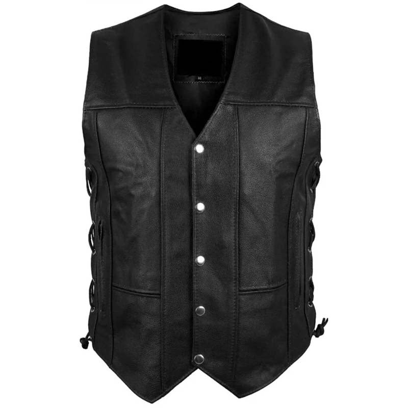 Gilet de motard en cuir noir pour homme avec 10 poches