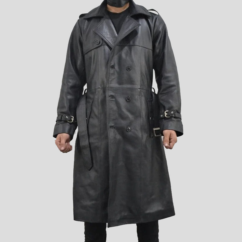 Trench-coat classique en cuir noir à boutonnage simple pour homme