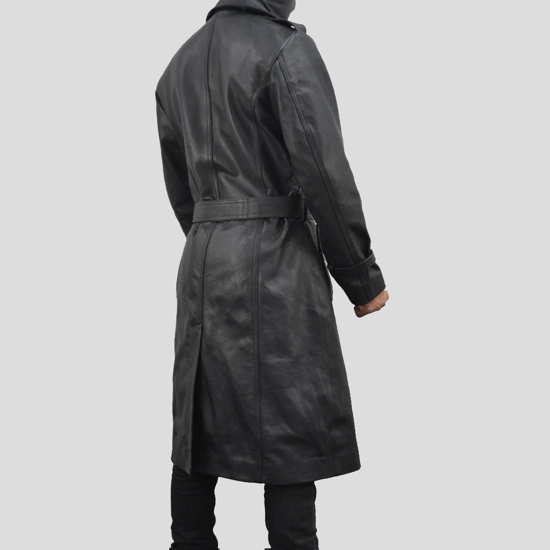 Trench-coat classique en cuir noir à boutonnage simple pour homme