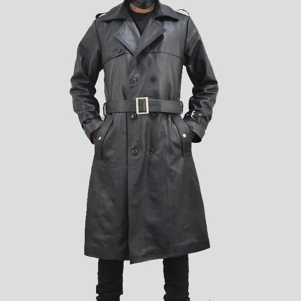 Trench-coat classique en cuir noir à boutonnage simple pour homme