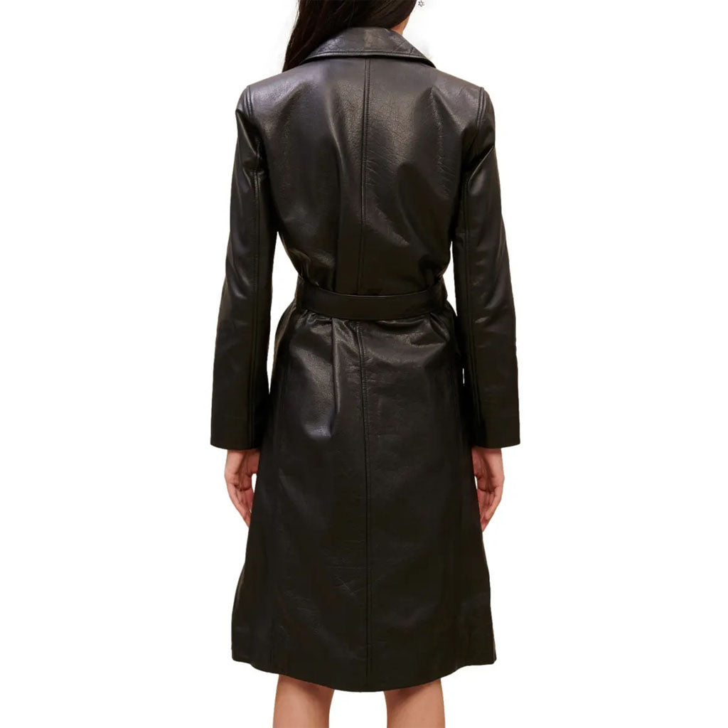 Trench-coat classique en cuir noir pour femme