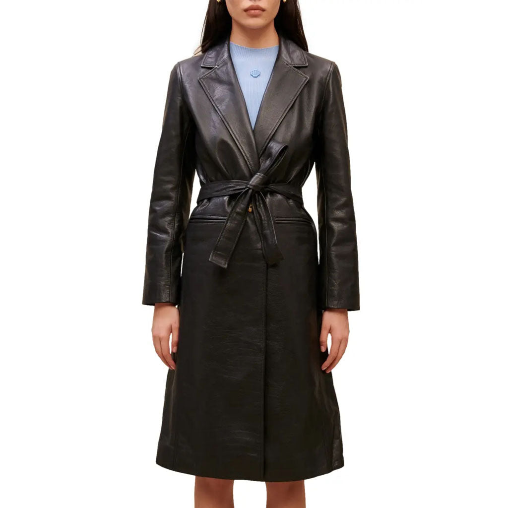 Trench-coat classique en cuir noir pour femme