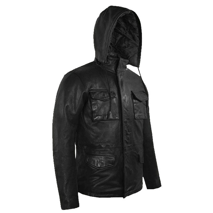 Schwarze Militärlederjacke mit M-65-Kapuze