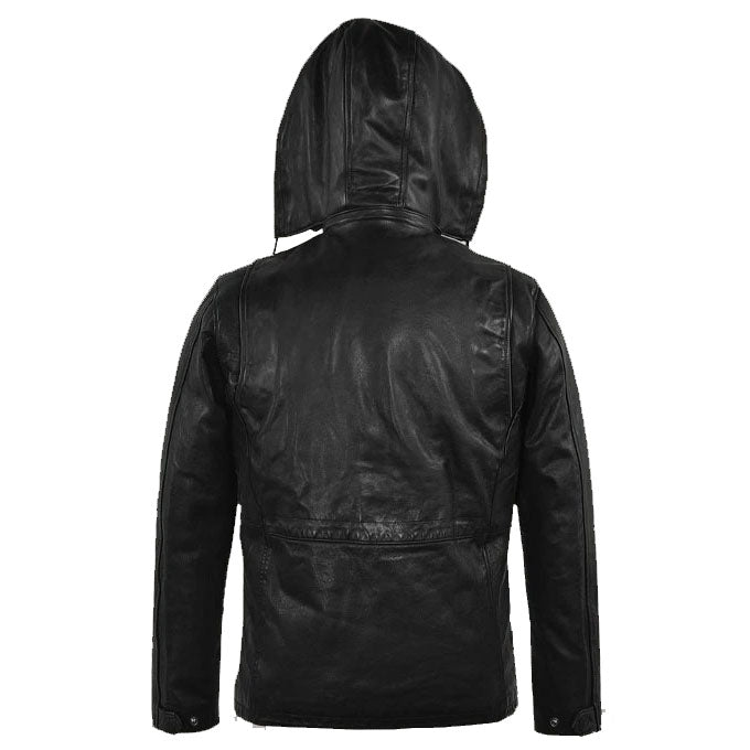 Schwarze Militärlederjacke mit M-65-Kapuze