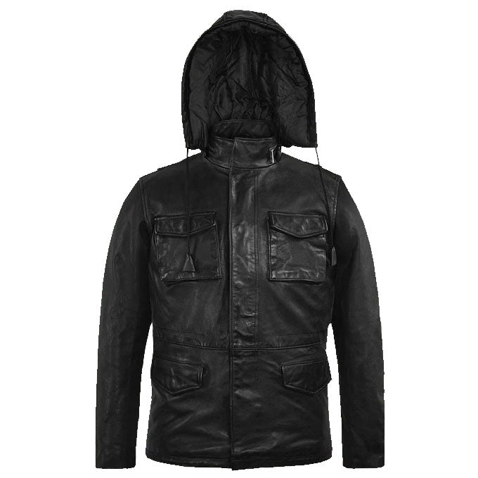 Schwarze Militärlederjacke mit M-65-Kapuze