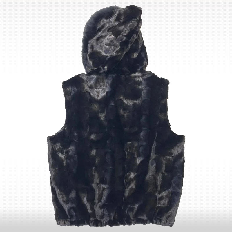 Gilet à capuche en fourrure de renard à coupe diamantée noire