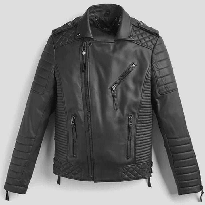 Veste de moto en cuir noir pour homme