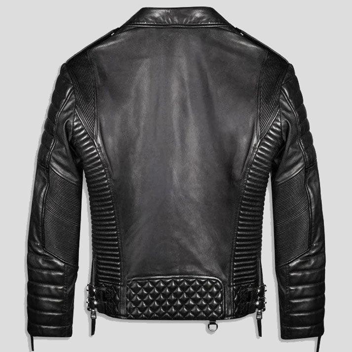 Veste de moto en cuir matelassé noir pour homme