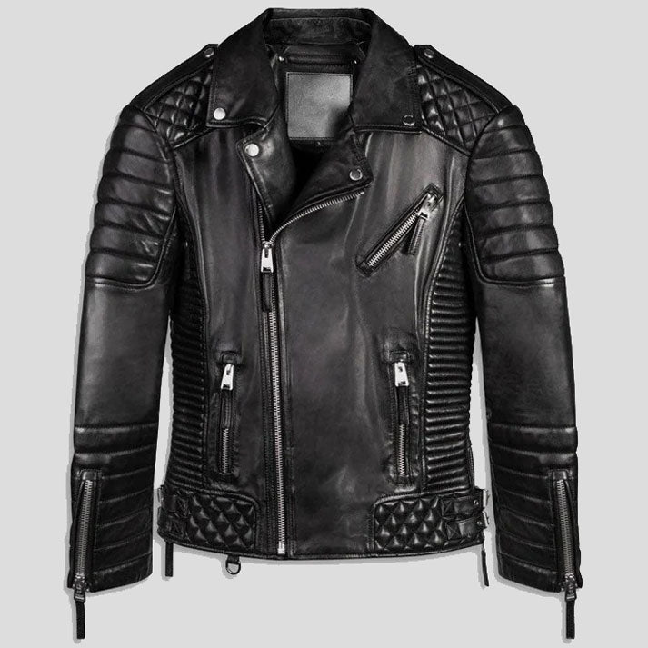 Veste de moto en cuir matelassé noir pour homme