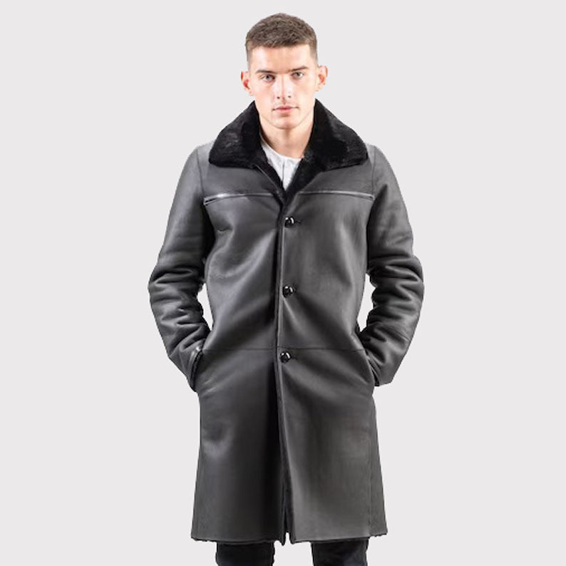 Manteau réversible en peau de mouton noir polyvalent pour homme