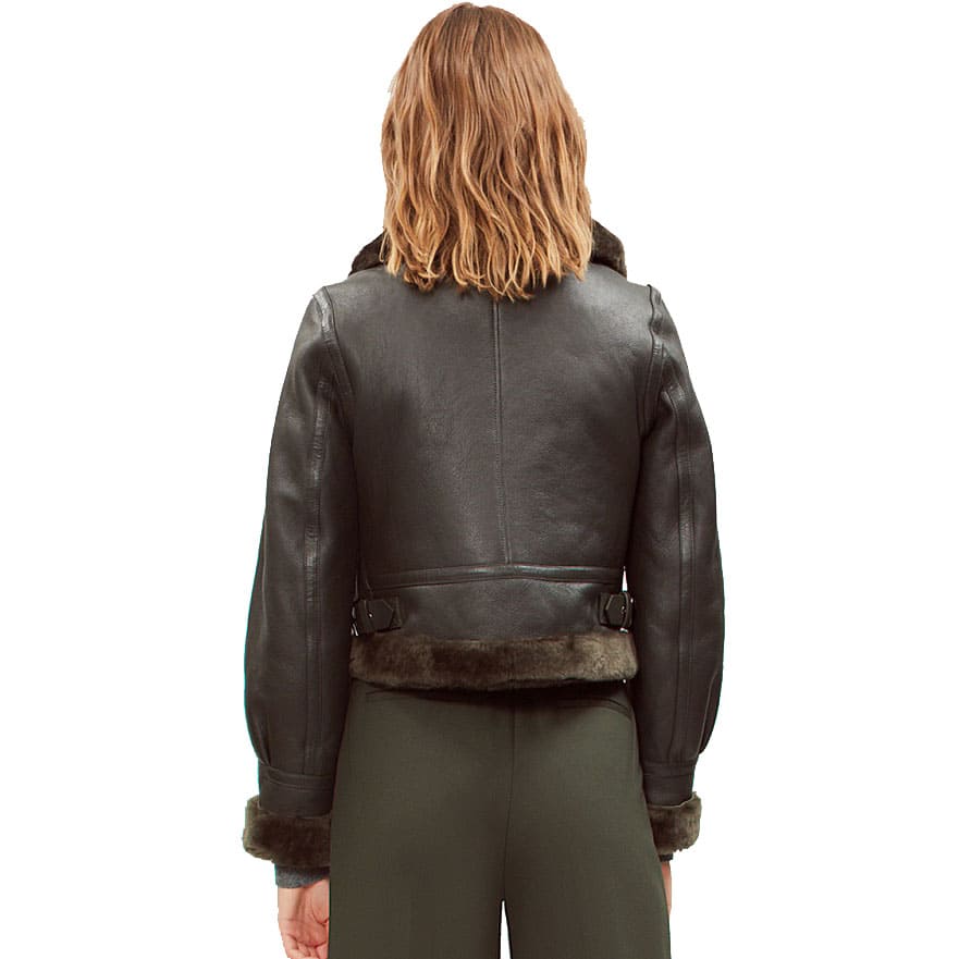 Blouson aviateur en cuir et peau de mouton noir pour femme