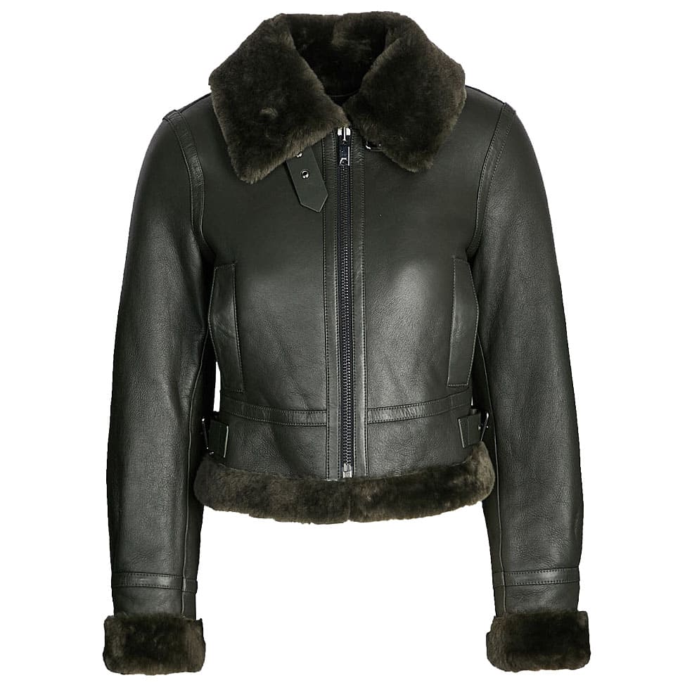 Blouson aviateur en cuir et peau de mouton noir pour femme