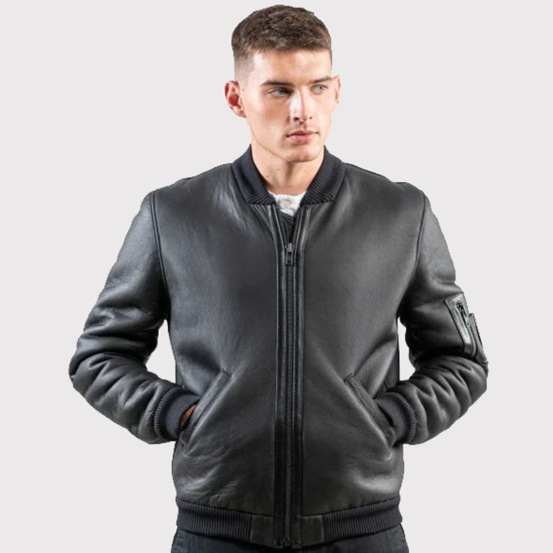 Blouson aviateur en peau de mouton noire pour homme