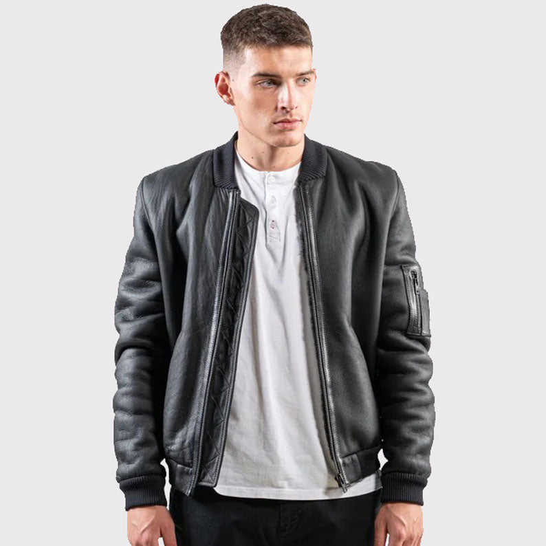 Blouson aviateur en peau de mouton noire pour homme